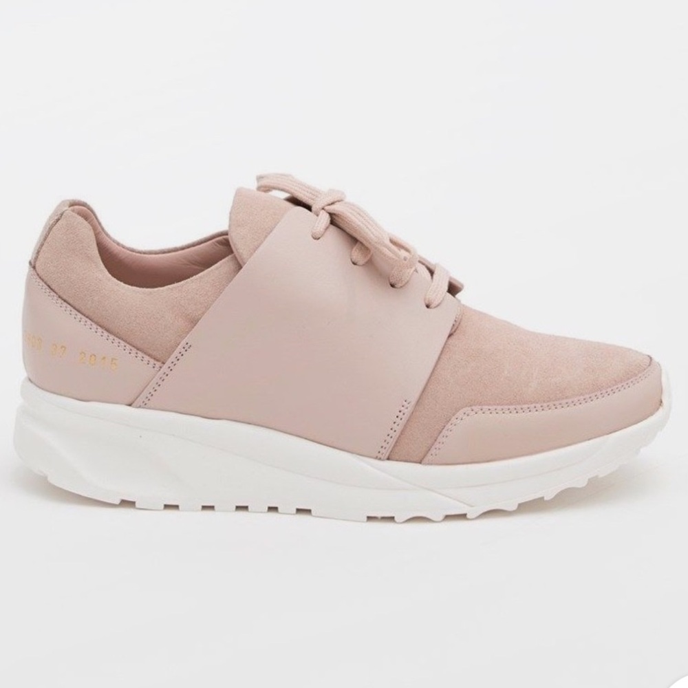 Common Projects track runner, blush, lace up suede & leather luxury sneaker.